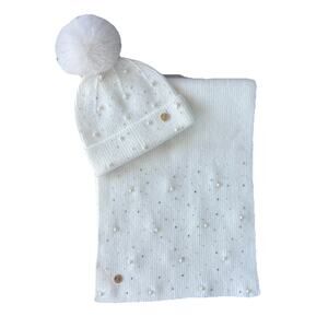 Lily Pulitzer NWOT Pearl Beaded scarf Beanie Set Cream Rhinestone Puff Glam